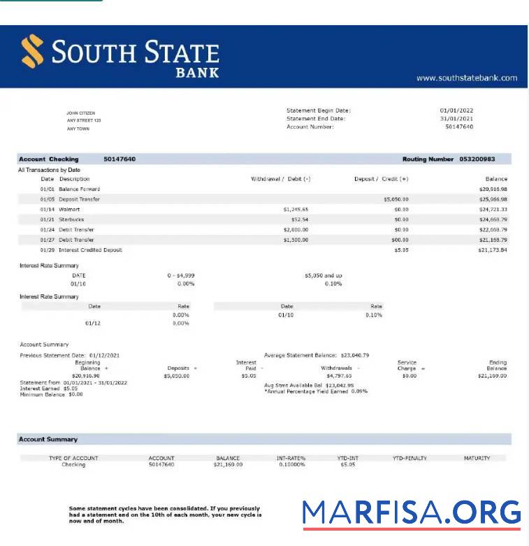 Downloadable USA South State bank statement word template
